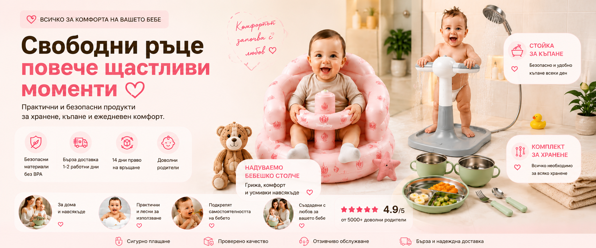 Премиум бебешки продукти yourbaby.store — надуваемо столче за хранене, стойка за къпане и комплект за хранене